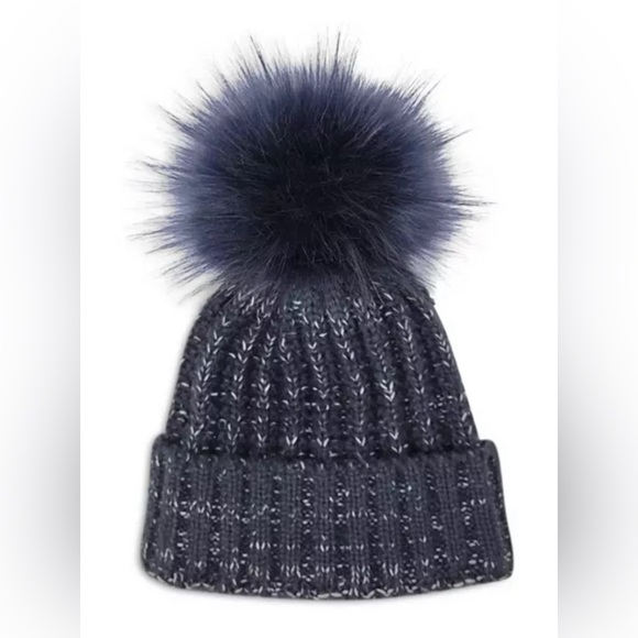Kyi Kyi Knitted Faux Fur Pom Pom Hat, Navy With White Spotting One Size main image 6